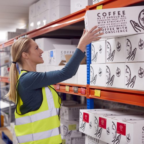 Female Worker Inside Busy Warehouse Putting Box Onto Shelf